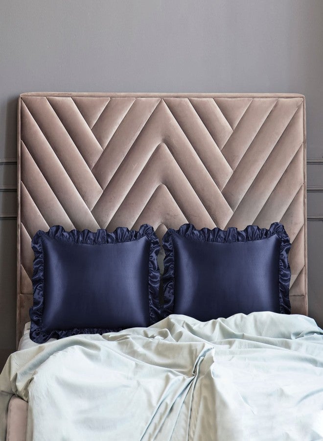 PiccoCasa Luxury Ruffled Pillow Shams Set of 2, Retro Silky Pillow Cover with Ruffle, 85 GSM Satin Pillowcases with Envelope Closure King Navy - Image 2
