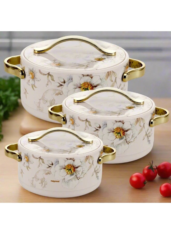 NAYASA Bethany 3-Piece Insulated Hotpot Set- 2.5L/3.5L/5L – Stainless Steel Inner, Floral Marble Design, Gold Handles – Food Warmer Casserole Set for Serving & Dining- SPRING(L) - Image 2