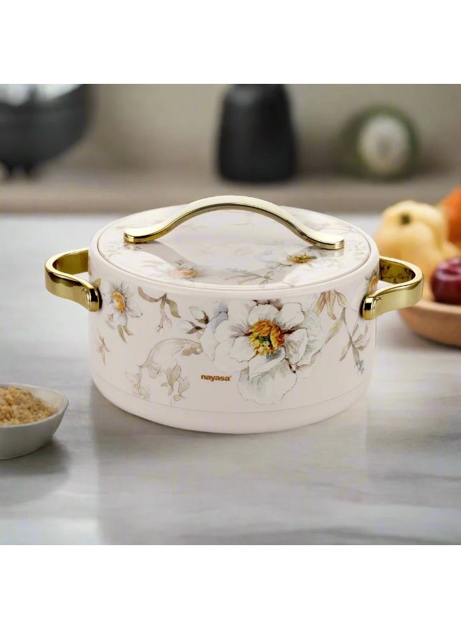 NAYASA Bethany 3-Piece Insulated Hotpot Set- 2.5L/3.5L/5L – Stainless Steel Inner, Floral Marble Design, Gold Handles – Food Warmer Casserole Set for Serving & Dining- SPRING(L) - Image 5