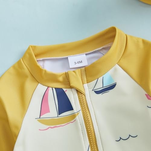DuAnyozu Baby Boys Swimsuit Long Sleeve Rash Guard Swimwear Baby Boy Swim Trunk with Hat Toddler 4th of July Bathing Suit (Sailboat-Yellow, 2-3 Years) - Image 5