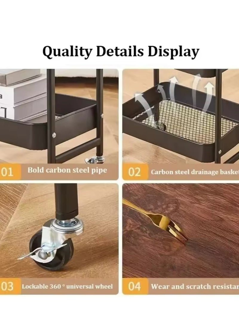 عربات متعددة الأغراض مع طاولة خشبية، عربات التخزين المعدنية ذات الطوابق الثلاثة، عربات سوداء، أكياس المطبخ، طاولة متحركة مع عجلات قفل للمكاتب والفصول الدراسية والمنازل والحمامات - Image 3