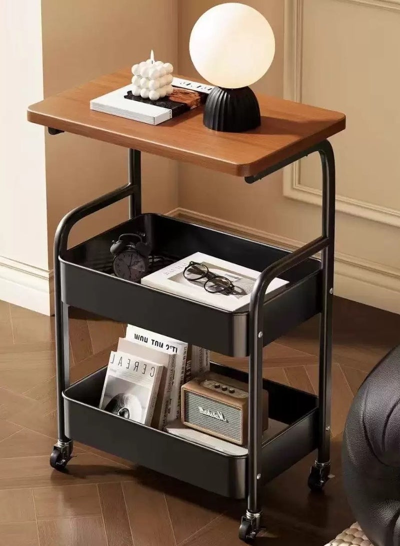 عربات متعددة الأغراض مع طاولة خشبية، عربات التخزين المعدنية ذات الطوابق الثلاثة، عربات سوداء، أكياس المطبخ، طاولة متحركة مع عجلات قفل للمكاتب والفصول الدراسية والمنازل والحمامات - Image 2