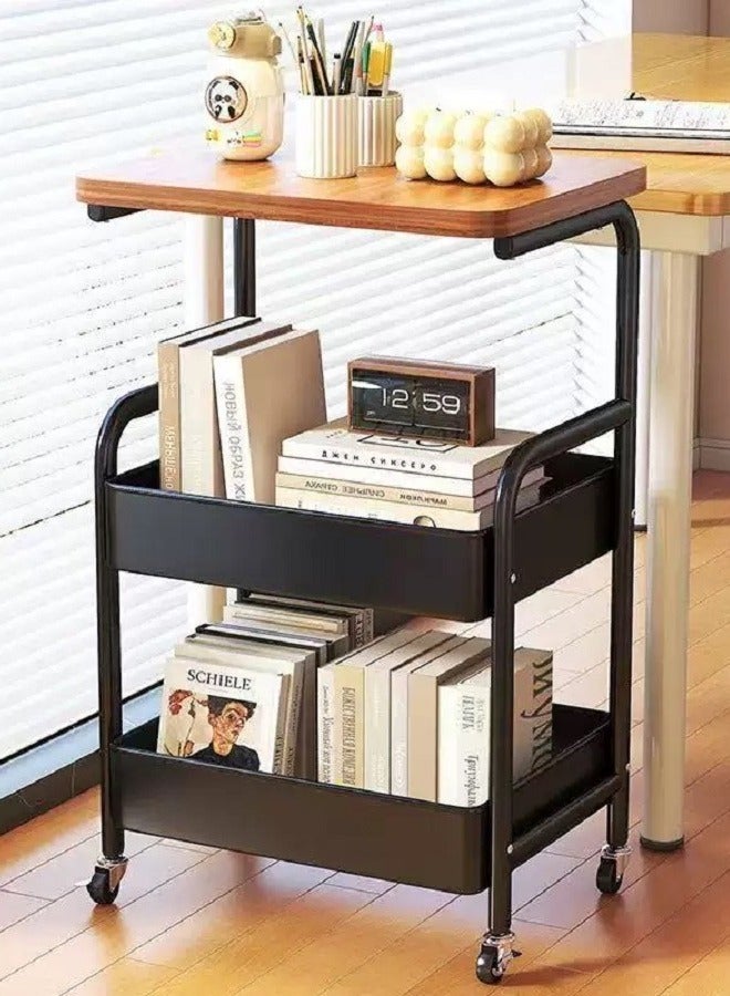 عربات متعددة الأغراض مع طاولة خشبية، عربات التخزين المعدنية ذات الطوابق الثلاثة، عربات سوداء، أكياس المطبخ، طاولة متحركة مع عجلات قفل للمكاتب والفصول الدراسية والمنازل والحمامات - Image 1