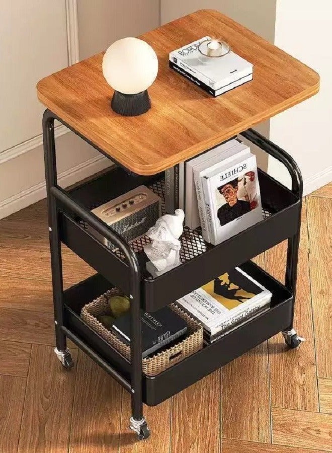 عربات متعددة الأغراض مع طاولة خشبية، عربات التخزين المعدنية ذات الطوابق الثلاثة، عربات سوداء، أكياس المطبخ، طاولة متحركة مع عجلات قفل للمكاتب والفصول الدراسية والمنازل والحمامات - Image 4