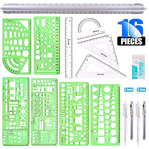 Glarks 16 Pieces Measuring Templates Building Formwork Stencils Geometric Drawing Rulers and Triangular Architect Scale Ruler with Pencil Pencil Lead Refills Eraser for Office and School - Image 1