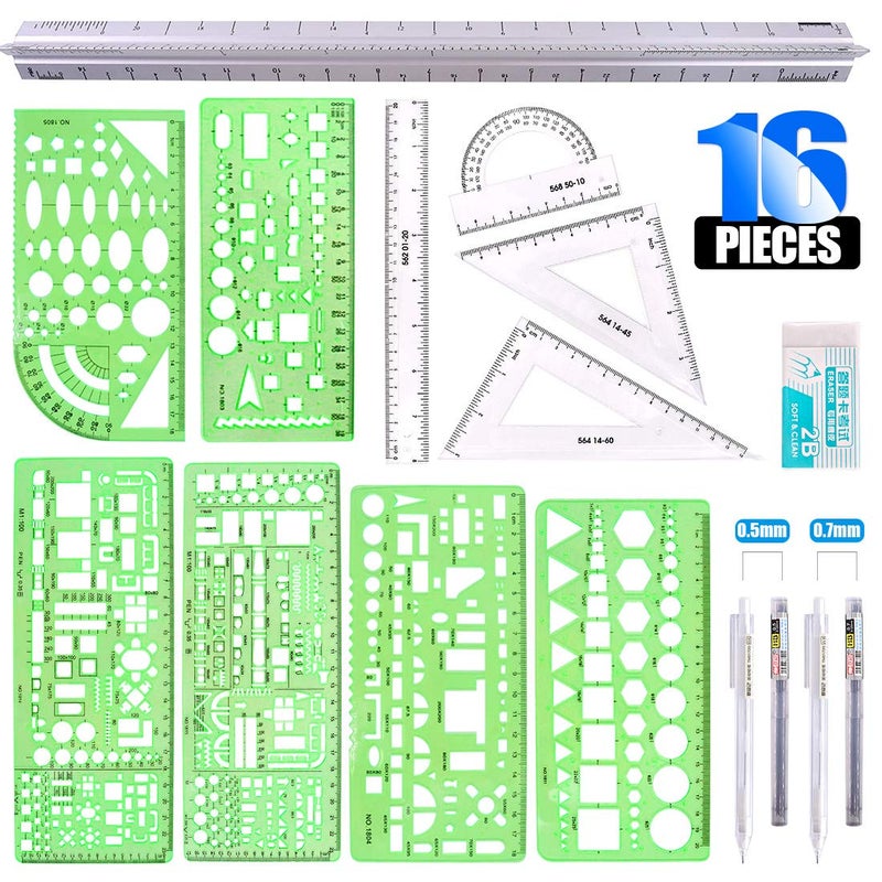 Glarks 16 Pieces Measuring Templates Building Formwork Stencils Geometric Drawing Rulers and Triangular Architect Scale Ruler with Pencil Pencil Lead Refills Eraser for Office and School - Image 2