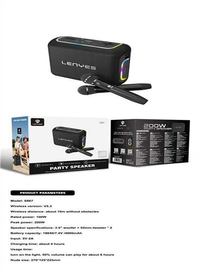 Lenyes S867 Portable Wireless Party Speaker with Dual Wireless Microphones 200W Bluetooth Speaker with RGB Lights Black - Image 1