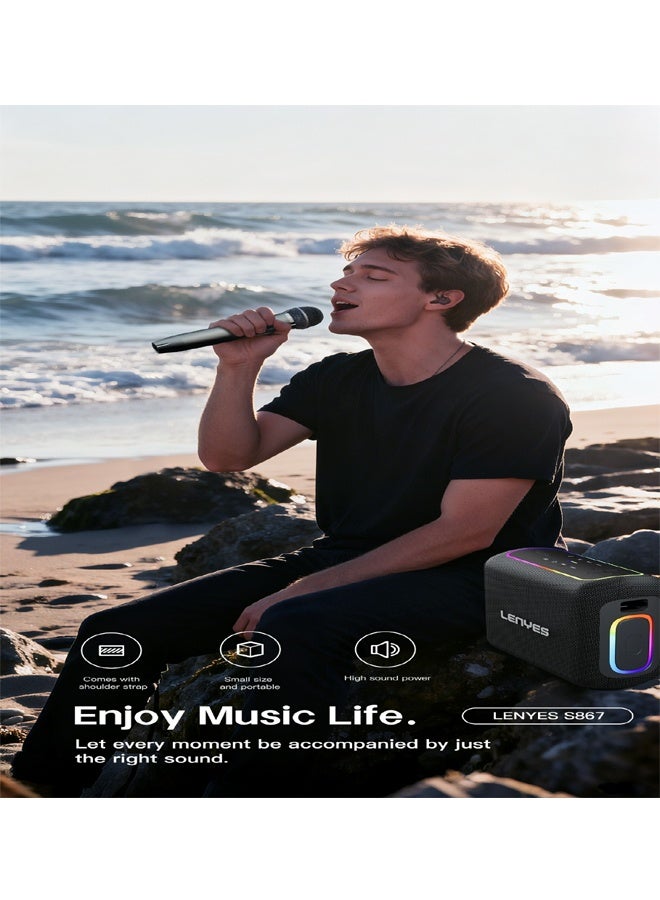 Lenyes S867 Portable Wireless Party Speaker with Dual Wireless Microphones 200W Bluetooth Speaker with RGB Lights Black - Image 4