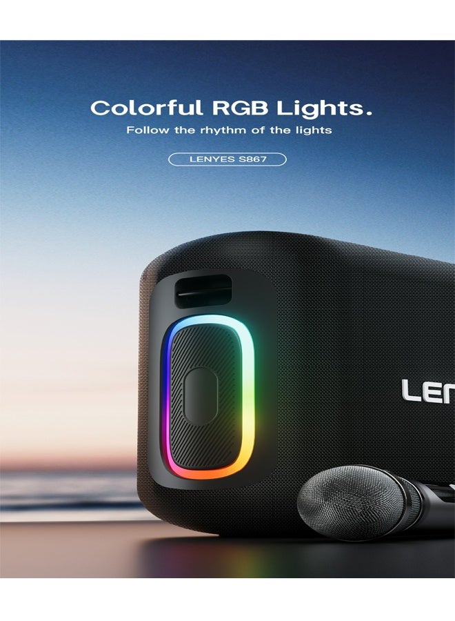 Lenyes S867 Portable Wireless Party Speaker with Dual Wireless Microphones 200W Bluetooth Speaker with RGB Lights Black - Image 3