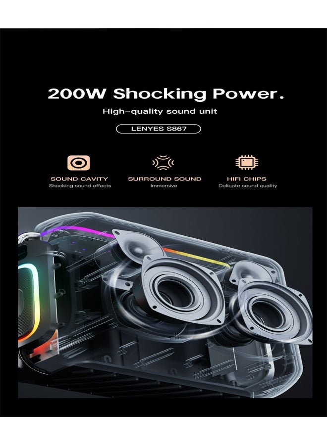 Lenyes S867 Portable Wireless Party Speaker with Dual Wireless Microphones 200W Bluetooth Speaker with RGB Lights Black - Image 5