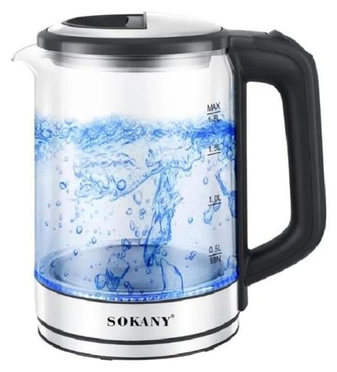 Sokany Glass/Pyrex Electric Kettle 1.8 Liter - 1500 Watt SK-09012, 1 Year Warranty