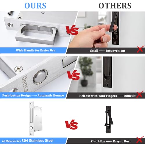Dontay Sliding Pocket Door Handles, 304 Stainless Steel Non Locking Pocket Door Hardware, Recessed Flush Finger Pulls, Heavy Duty Edge Pull with Pop Out Ring Pull (Satin Nickel (1 Set), 6 inch) - Image 5