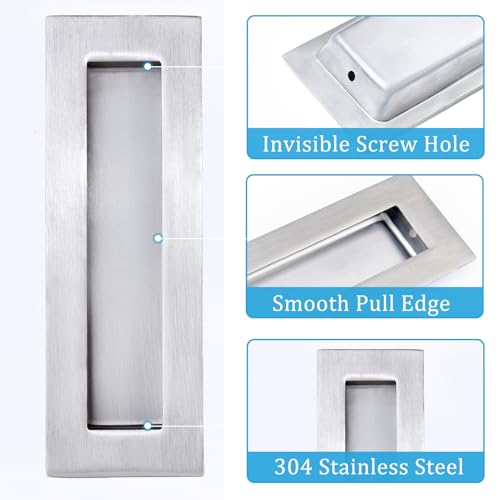 Dontay Sliding Pocket Door Handles, 304 Stainless Steel Non Locking Pocket Door Hardware, Recessed Flush Finger Pulls, Heavy Duty Edge Pull with Pop Out Ring Pull (Satin Nickel (1 Set), 6 inch) - Image 3