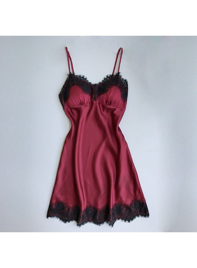 Women's V-Neck Lace Trim Spaghetti Straps Nightdress  Burgundy