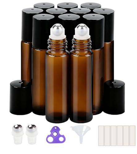 PrettyCare 12Pack Roller Ball Applicator Amber Glass Roller Bottles for Essential Oil with Stainless Steel Roller Ball 10 ml Refillable Leakproof Empty Roll on Bottles with Caps for Perfume - Image 1