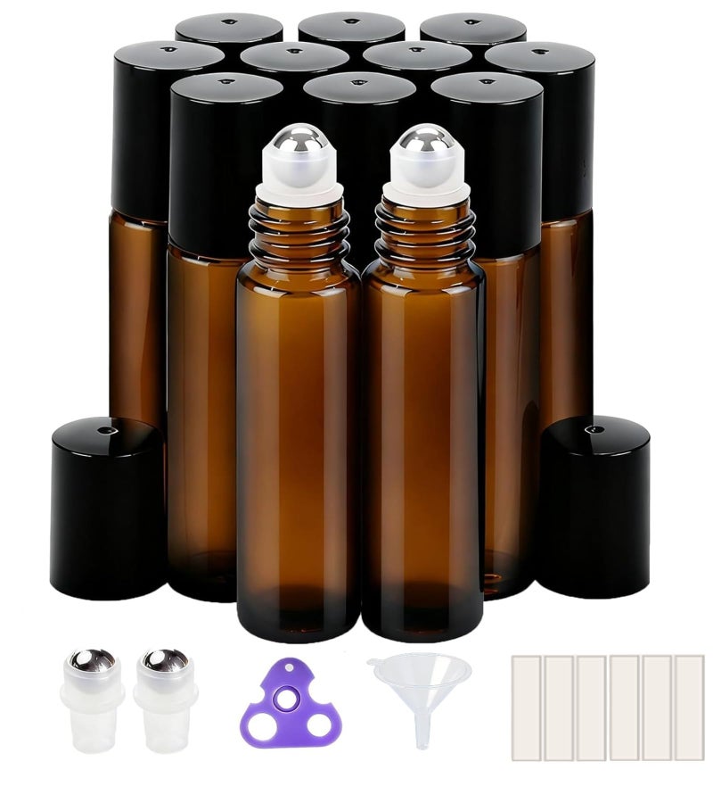 PrettyCare 12Pack Roller Ball Applicator Amber Glass Roller Bottles for Essential Oil with Stainless Steel Roller Ball 10 ml Refillable Leakproof Empty Roll on Bottles with Caps for Perfume - Image 3