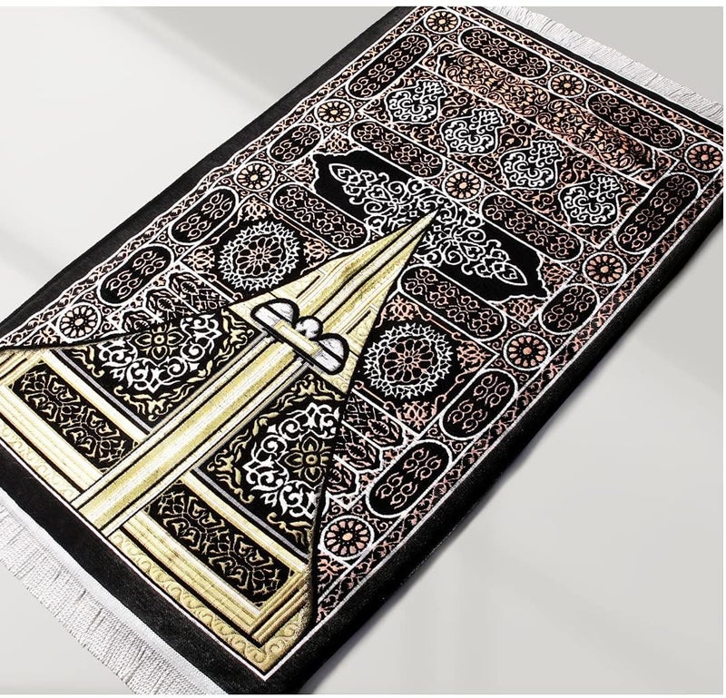 JAZZEEL Sponge Prayer Rug, Padded Islamic Mat with Kaaba Style, Soft Foam, Standard Size, Black 698, Orthopedic Muslim Janamaz Sajadah, Comfortable Home Mosque Namaz Carpet