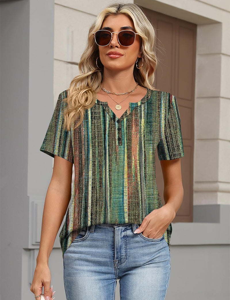 TCOT Womens Summer Shirts Dressy Casual Short Sleeve 2026 Trendy Clothes Loose Casual V Neck Blouses Color Stripes XL - Image 4