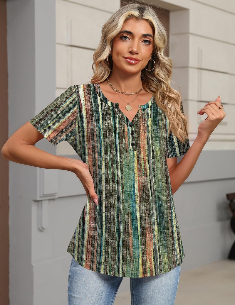 TCOT Womens Summer Shirts Dressy Casual Short Sleeve 2026 Trendy Clothes Loose Casual V Neck Blouses Color Stripes XL - Image 2
