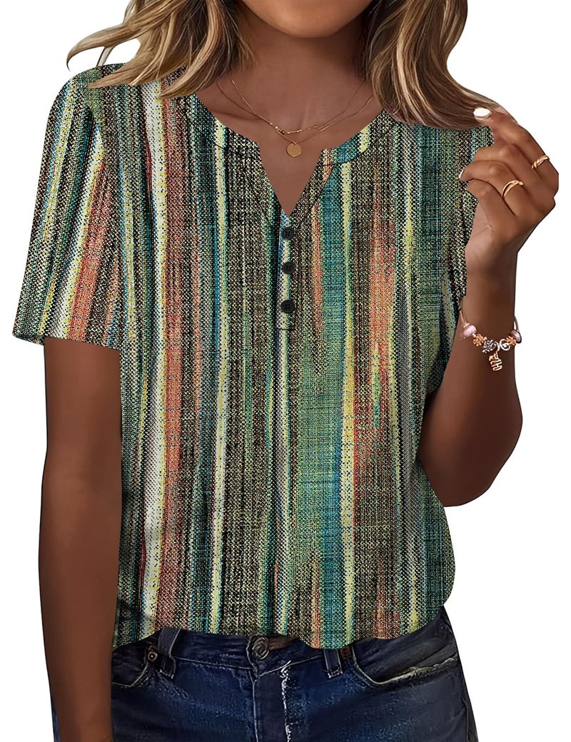 TCOT Womens Summer Shirts Dressy Casual Short Sleeve 2026 Trendy Clothes Loose Casual V Neck Blouses Color Stripes XL - Image 1