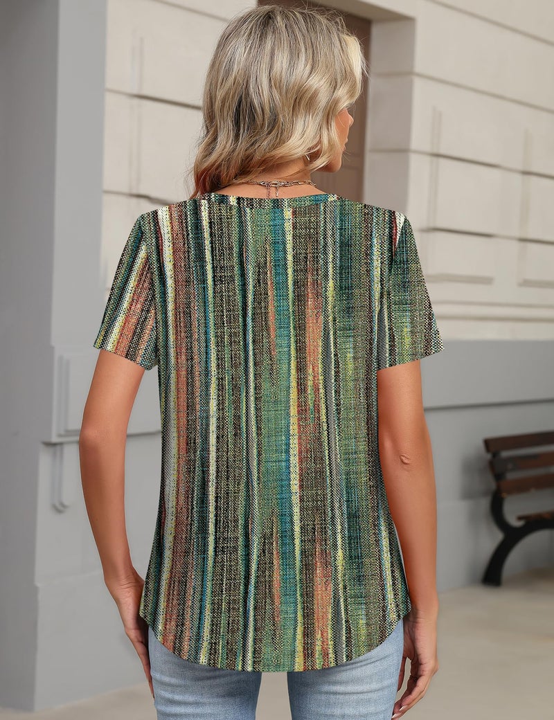 TCOT Womens Summer Shirts Dressy Casual Short Sleeve 2026 Trendy Clothes Loose Casual V Neck Blouses Color Stripes XL - Image 3