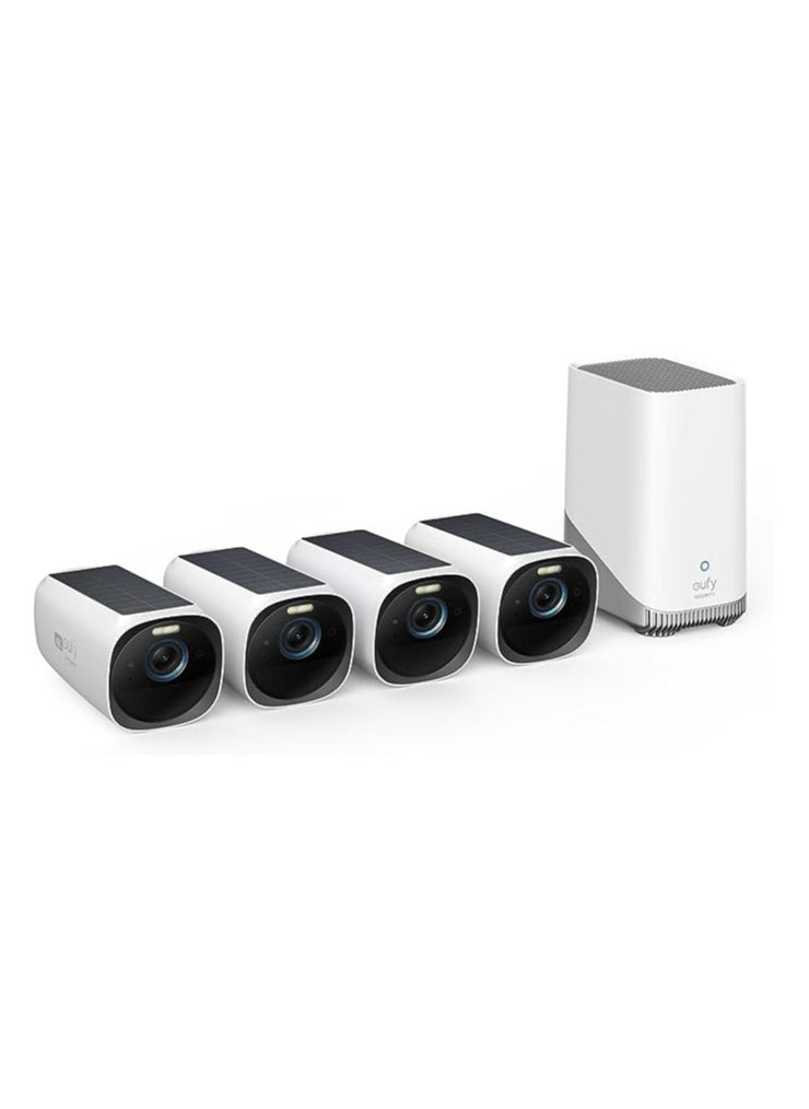 Eufy Security EufyCam 3 4-Cam Kit، كاميرا أمان لاسلكية خارجية، كاميرا 4K مع لوحة شمسية مدمجة، طاقة إلى الأبد، الذكاء الاصطناعي للتعرف على الوجه، تخزين محلي قابل للتوسيع، أضواء كاشفة، بدون رسوم شهرية 