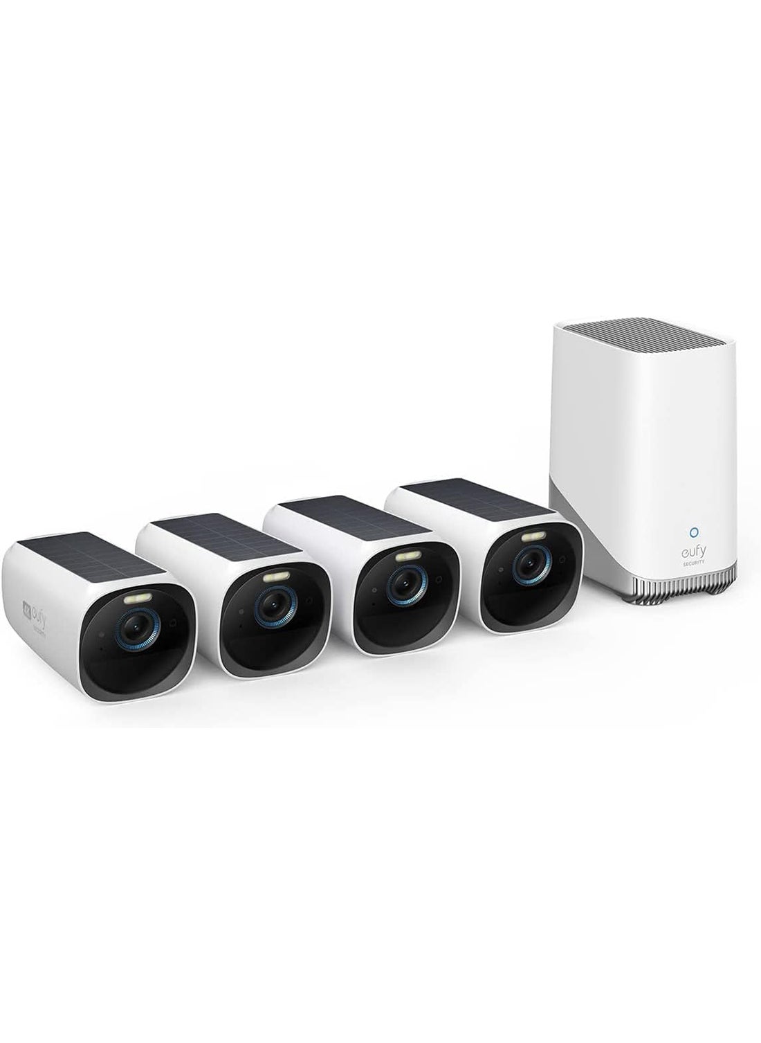 eufy Eufy Security EufyCam 3 4-Cam Kit، كاميرا أمان لاسلكية خارجية، كاميرا 4K مع لوحة شمسية مدمجة، طاقة إلى الأبد، الذكاء الاصطناعي للتعرف على الوجه، تخزين محلي قابل للتوسيع، أضواء كاشفة، بدون رسوم شهرية 