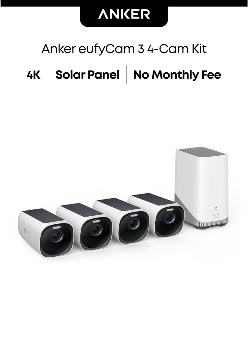 eufy Security eufyCam 3 4-Cam Kit, Security Camera Outdoor Wireless, 4K Camera with Integrated Solar Panel, Forever Power, Face Recognition AI, Expandable Local Storage, Spotlight, No Monthly Fee - Image 1