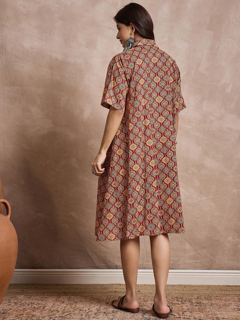 InWeave Women Ethnic Printed V-Neck Cotton A-Line Dress Multicolor - Image 3