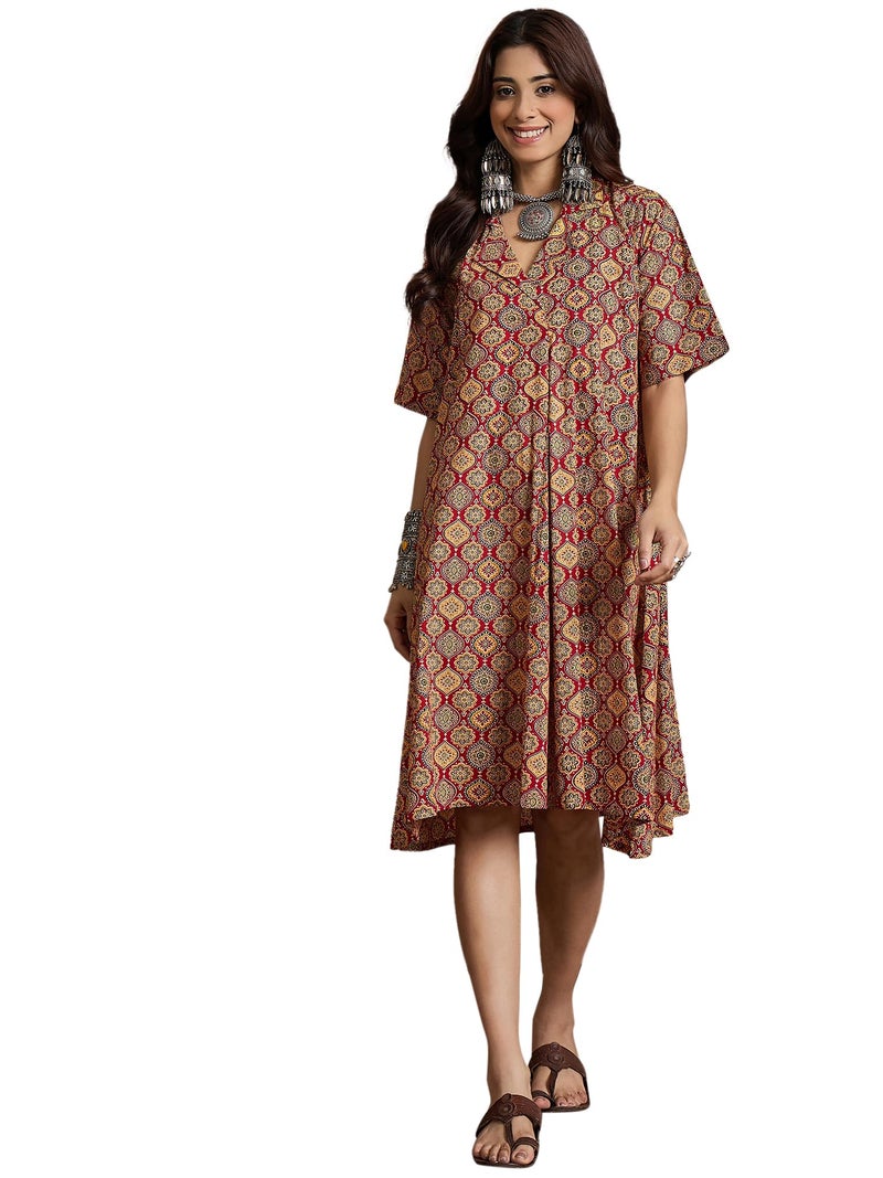 InWeave Women Ethnic Printed V-Neck Cotton A-Line Dress Multicolor - Image 1