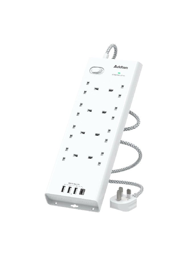 addtam محول جداري بتصميم فريد يحتوي على 8 مقابس كهربائية و4 منافذ USB مع تصميم سهل وفريد للتثبيت بالمسامير باللون الأبيض بأبعاد 34 × 11 سم. الرمز: AD4U8WUK - Image 1