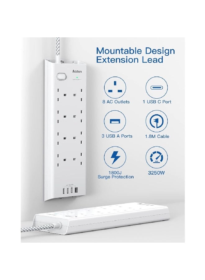 addtam محول جداري بتصميم فريد يحتوي على 8 مقابس كهربائية و4 منافذ USB مع تصميم سهل وفريد للتثبيت بالمسامير باللون الأبيض بأبعاد 34 × 11 سم. الرمز: AD4U8WUK - Image 2