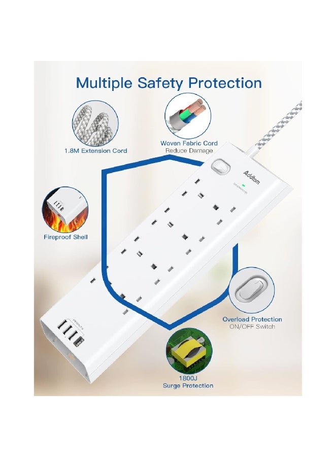 addtam محول جداري بتصميم فريد يحتوي على 8 مقابس كهربائية و4 منافذ USB مع تصميم سهل وفريد للتثبيت بالمسامير باللون الأبيض بأبعاد 34 × 11 سم. الرمز: AD4U8WUK - Image 5