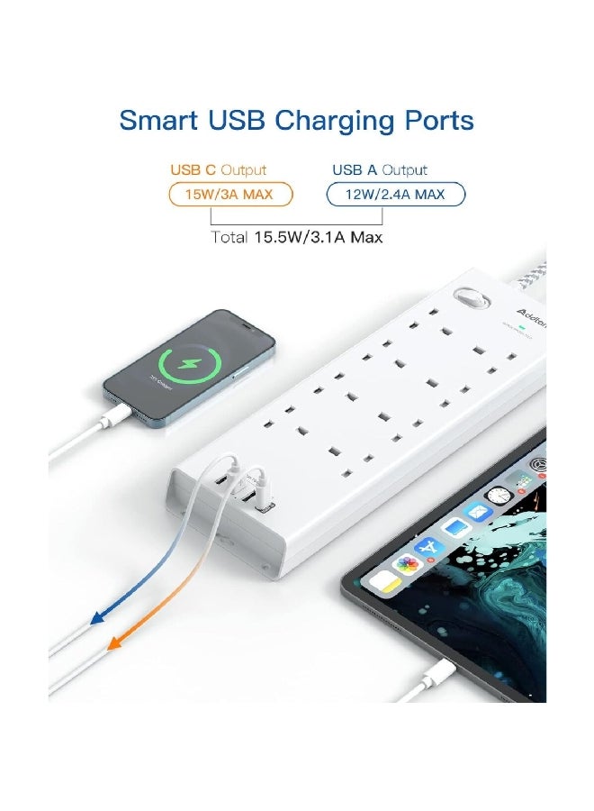 addtam محول جداري بتصميم فريد يحتوي على 8 مقابس كهربائية و4 منافذ USB مع تصميم سهل وفريد للتثبيت بالمسامير باللون الأبيض بأبعاد 34 × 11 سم. الرمز: AD4U8WUK - Image 3