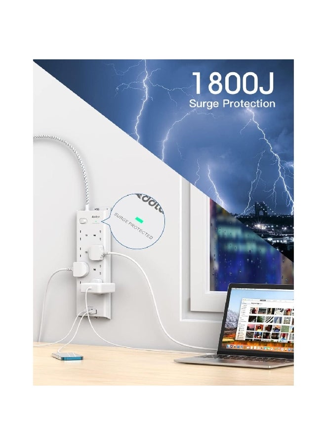 addtam محول جداري بتصميم فريد يحتوي على 8 مقابس كهربائية و4 منافذ USB مع تصميم سهل وفريد للتثبيت بالمسامير باللون الأبيض بأبعاد 34 × 11 سم. الرمز: AD4U8WUK - Image 4