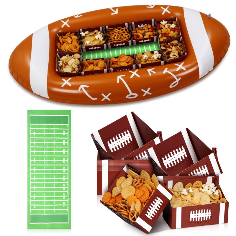 FoldTier Football Party Supplies 53.1 x 25.5 Inch Large Football Inflatable Snack Bowl with 10 Paper Serving Food Trays Tailgate Stadium Bowl for Birthday Party Decoration Family BBQ Picnic and Sports - Image 1