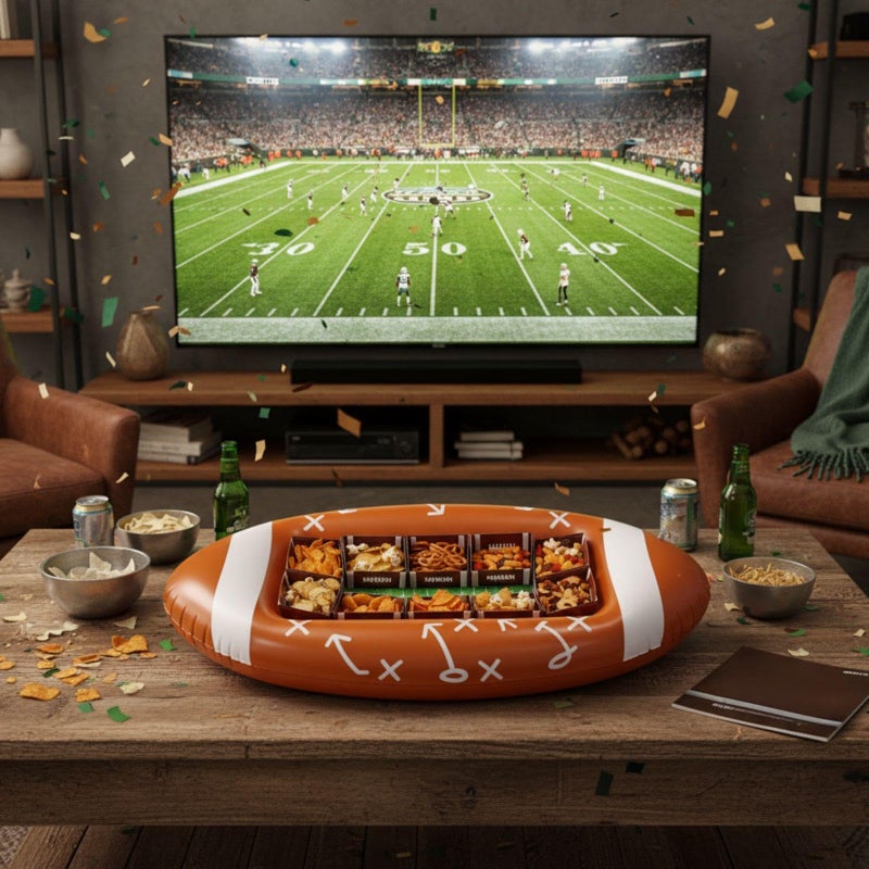 FoldTier Football Party Supplies 53.1 x 25.5 Inch Large Football Inflatable Snack Bowl with 10 Paper Serving Food Trays Tailgate Stadium Bowl for Birthday Party Decoration Family BBQ Picnic and Sports - Image 3