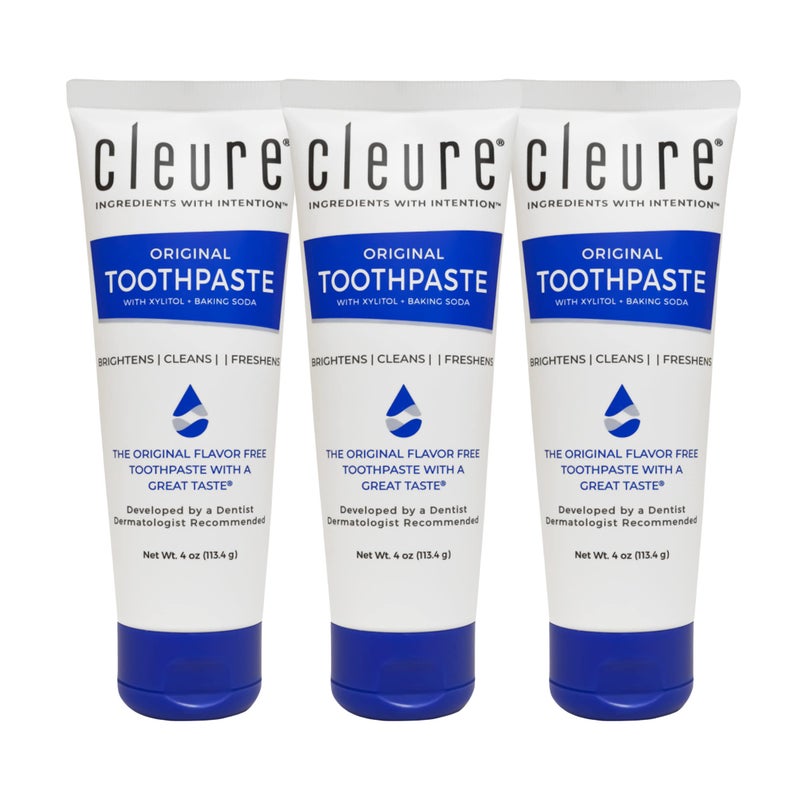 Cleure Original No Fluoride Toothpaste - SLS Free, Mint Free - with Xylitol for Fresh Breath & Helps Whiten - for Kids & Adults - Flavor Free (4oz Tube, Pack of 3) - Image 1