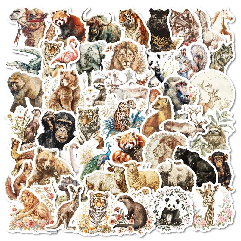 PIGBIT 50-Piece Vintage Watercolor Wildlife Animal Stickers â€“ Waterproof Vinyl Retro Aesthetic Realistic Woodland Animal Sticker for Scrapbook, Laptops, Scrapbooks, Journals - Image 1