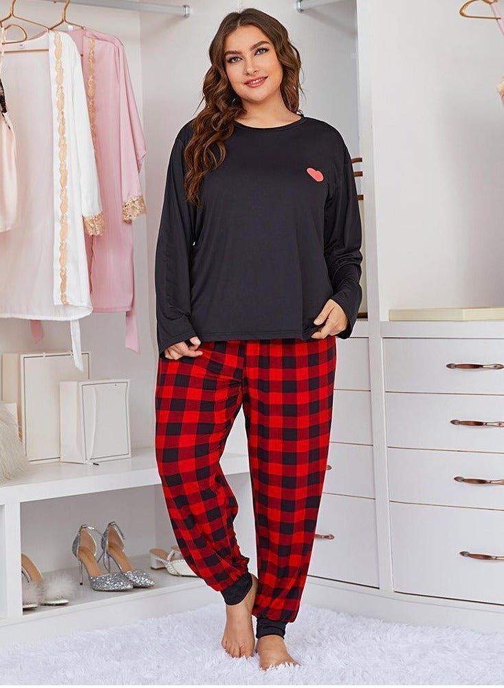 Loquat Women's Checked Pattern 2-Piece Set Pajamas Long Sleeve Top And Pants Soft Loungewear Nightgown Suit Leisure Wear Black Mix  - Image 1