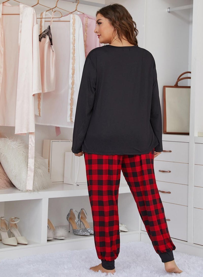 Loquat Women's Checked Pattern 2-Piece Set Pajamas Long Sleeve Top And Pants Soft Loungewear Nightgown Suit Leisure Wear Black Mix  - Image 3