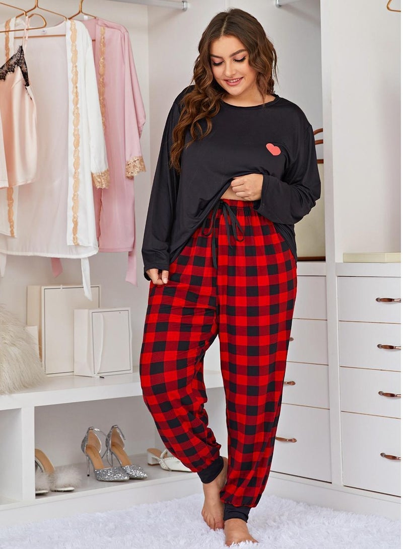 Loquat Women's Checked Pattern 2-Piece Set Pajamas Long Sleeve Top And Pants Soft Loungewear Nightgown Suit Leisure Wear Black Mix  - Image 2