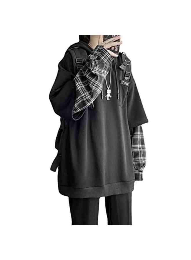 YUESUO Emo Streetwear Vintage Hoodie Women Men Oversized Sweatshirt Punk Patchwork Pullovers Korean Grunge Plaid Hoodie Clothes (Black,Large,US) - Image 2