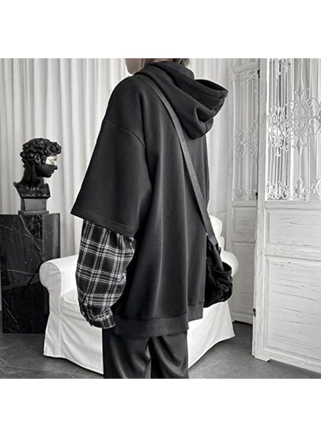 YUESUO Emo Streetwear Vintage Hoodie Women Men Oversized Sweatshirt Punk Patchwork Pullovers Korean Grunge Plaid Hoodie Clothes (Black,Large,US) - Image 3