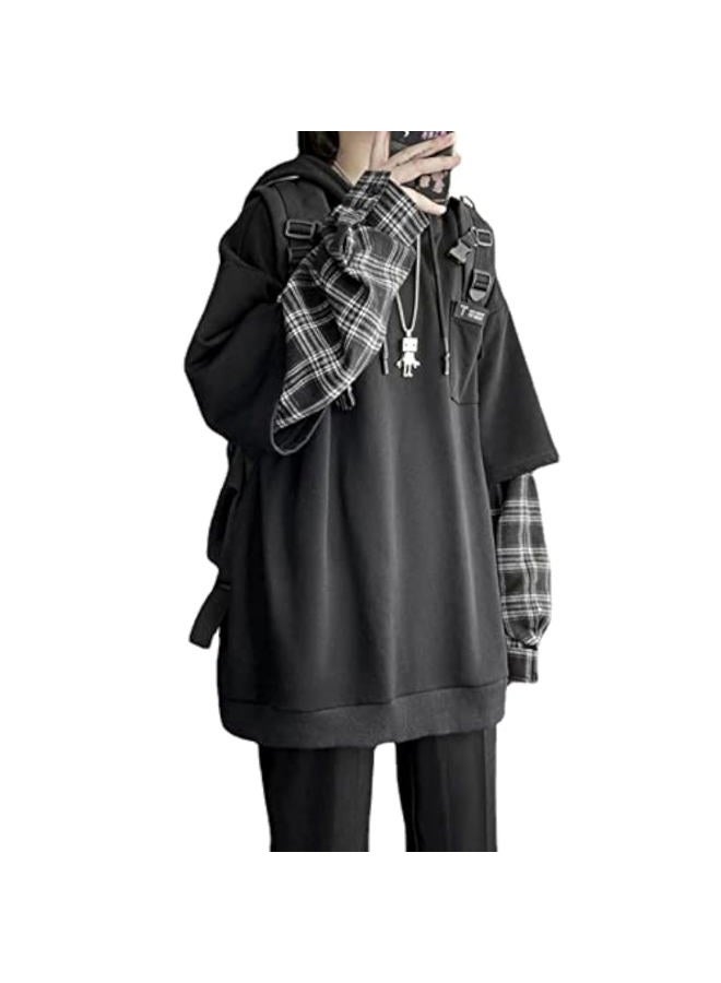 YUESUO Emo Streetwear Vintage Hoodie Women Men Oversized Sweatshirt Punk Patchwork Pullovers Korean Grunge Plaid Hoodie Clothes (Black,Large,US) - Image 1