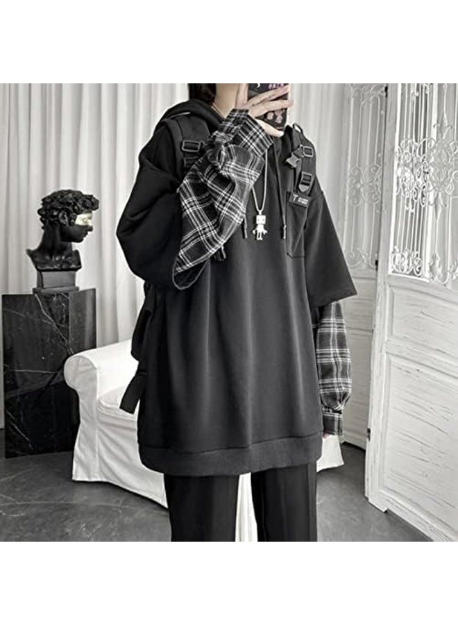 YUESUO Emo Streetwear Vintage Hoodie Women Men Oversized Sweatshirt Punk Patchwork Pullovers Korean Grunge Plaid Hoodie Clothes (Black,Large,US) - Image 4