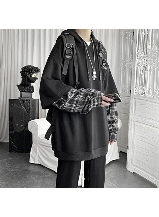 YUESUO Emo Streetwear Vintage Hoodie Women Men Oversized Sweatshirt Punk Patchwork Pullovers Korean Grunge Plaid Hoodie Clothes (Black,Large,US) - Image 5