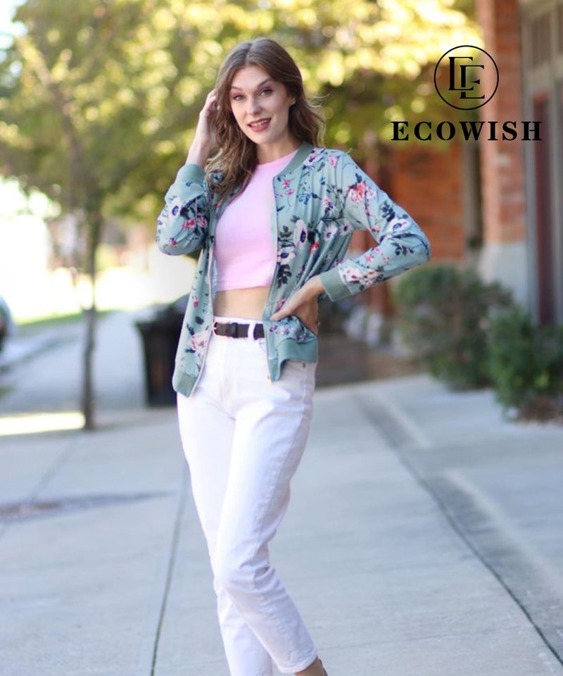 ECOWISH Women's Casual Floral Zip Up Bomber Jacket Coat Stand Collar Lightweight Short Outwear Tops Green XL 832 Green X-Large - Image 2