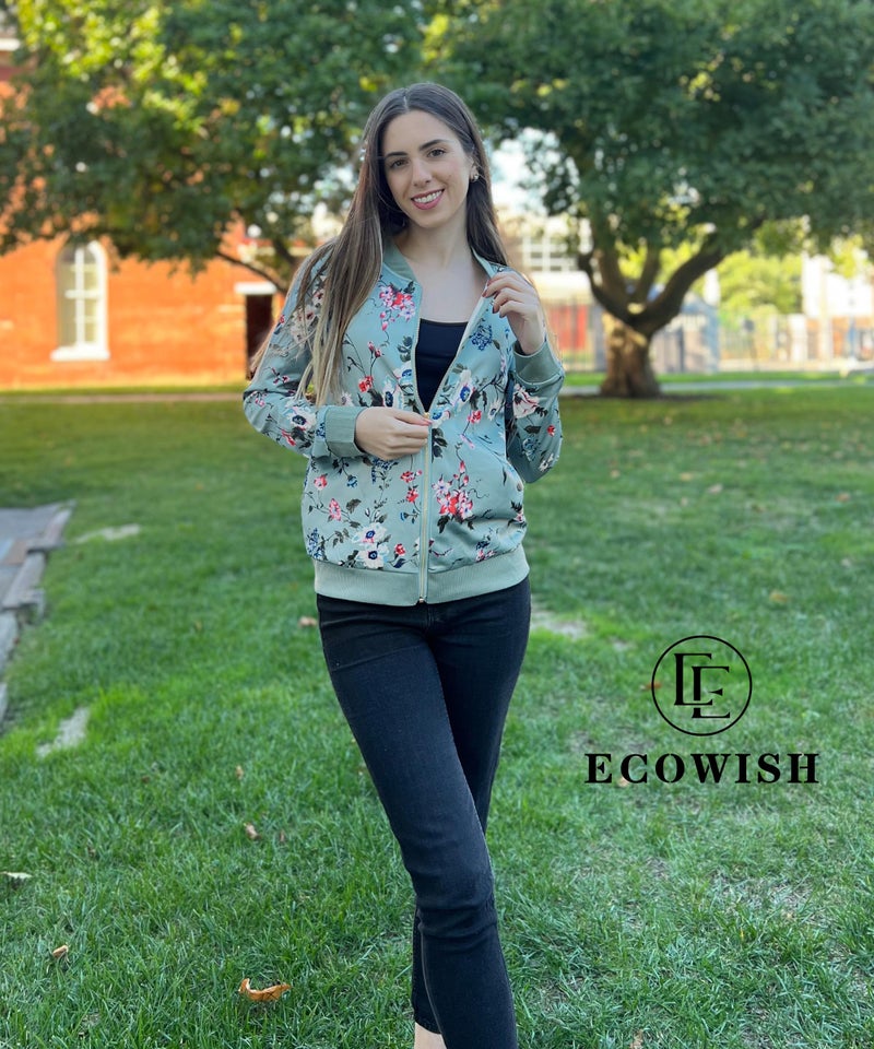 ECOWISH Women's Casual Floral Zip Up Bomber Jacket Coat Stand Collar Lightweight Short Outwear Tops Green XL 832 Green X-Large - Image 3