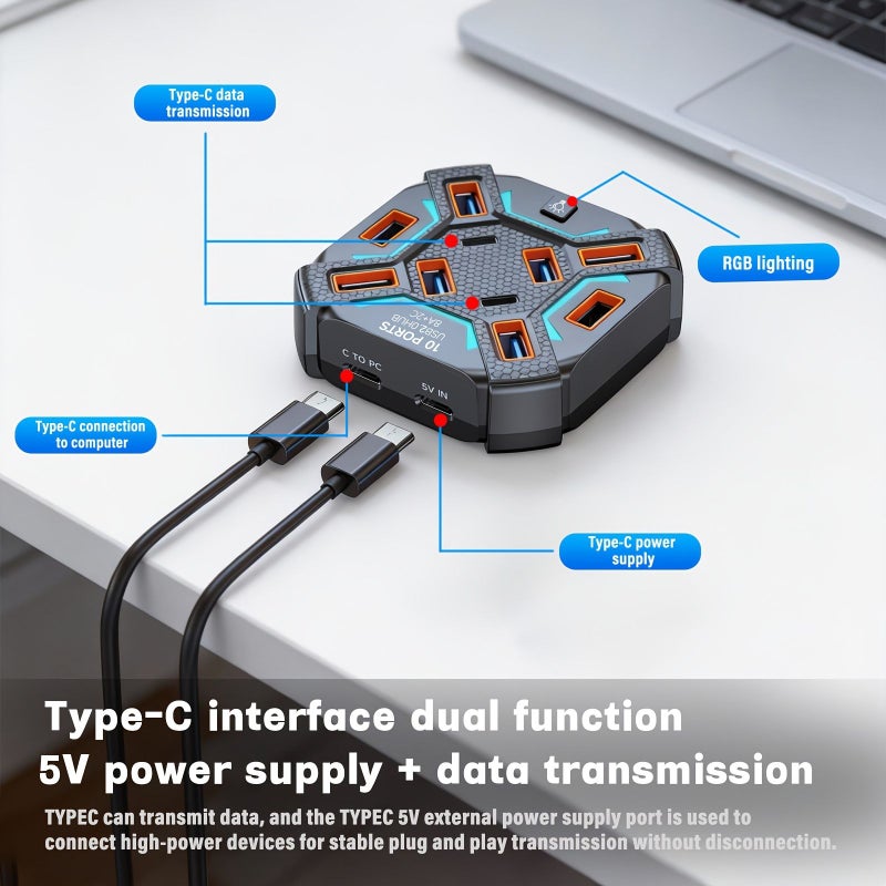 White 10 Port USB 2.0 Splitter Hub With Individual Switches And RGB Lighting - Image 4